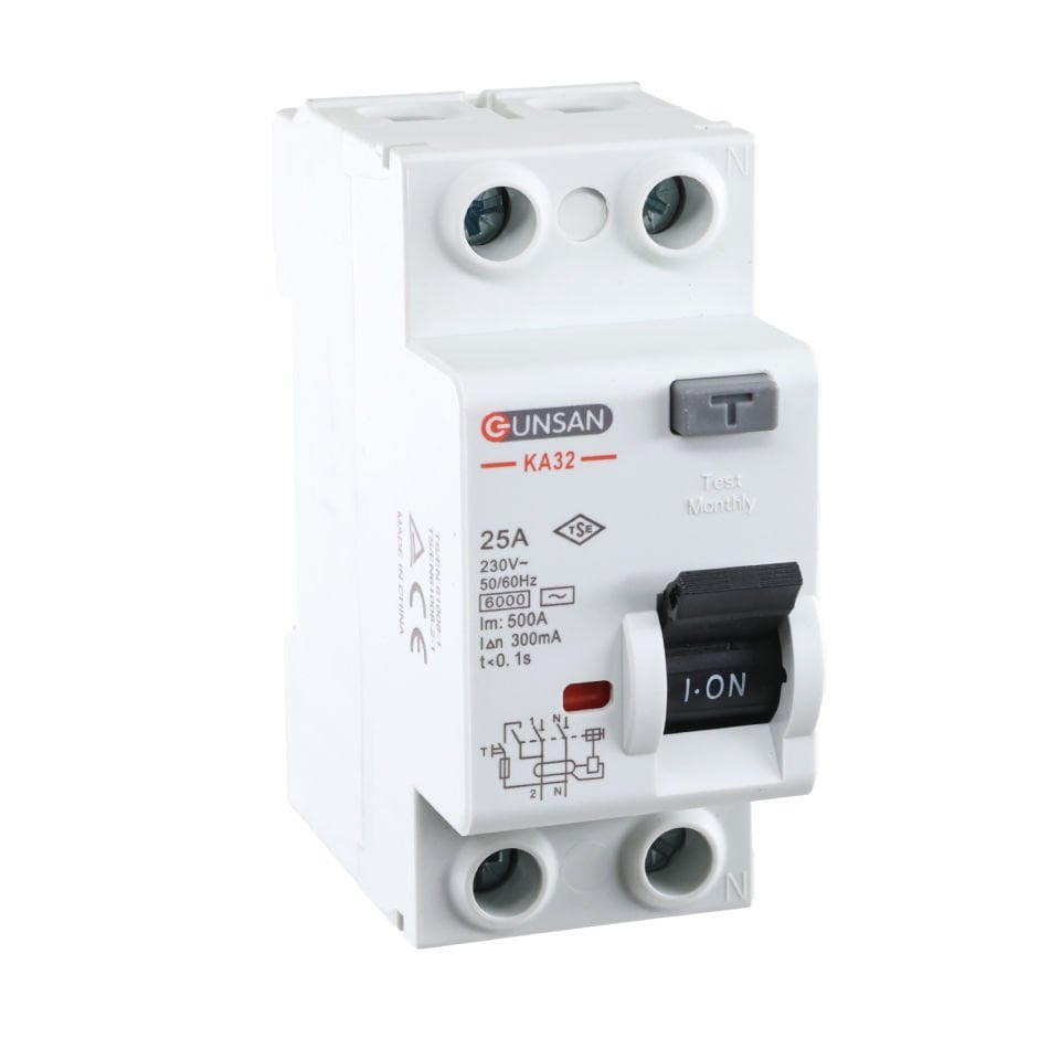 Günsan Valta AC Tip Kaçak Akım Koruma Anahtarı 2P 6kA 300mA 25A İki Kutuplu