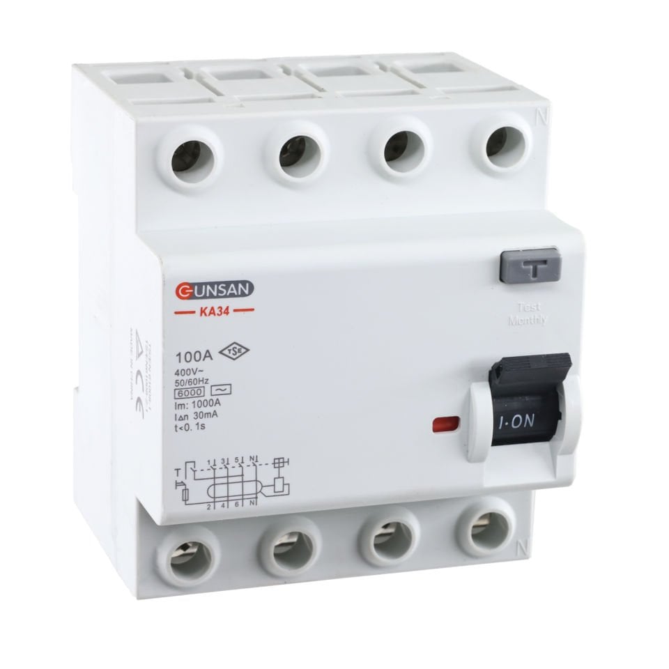 Günsan Valta AC Tip Kaçak Akım Koruma Anahtarı 4P 6kA 30mA 100A Dört Kutuplu