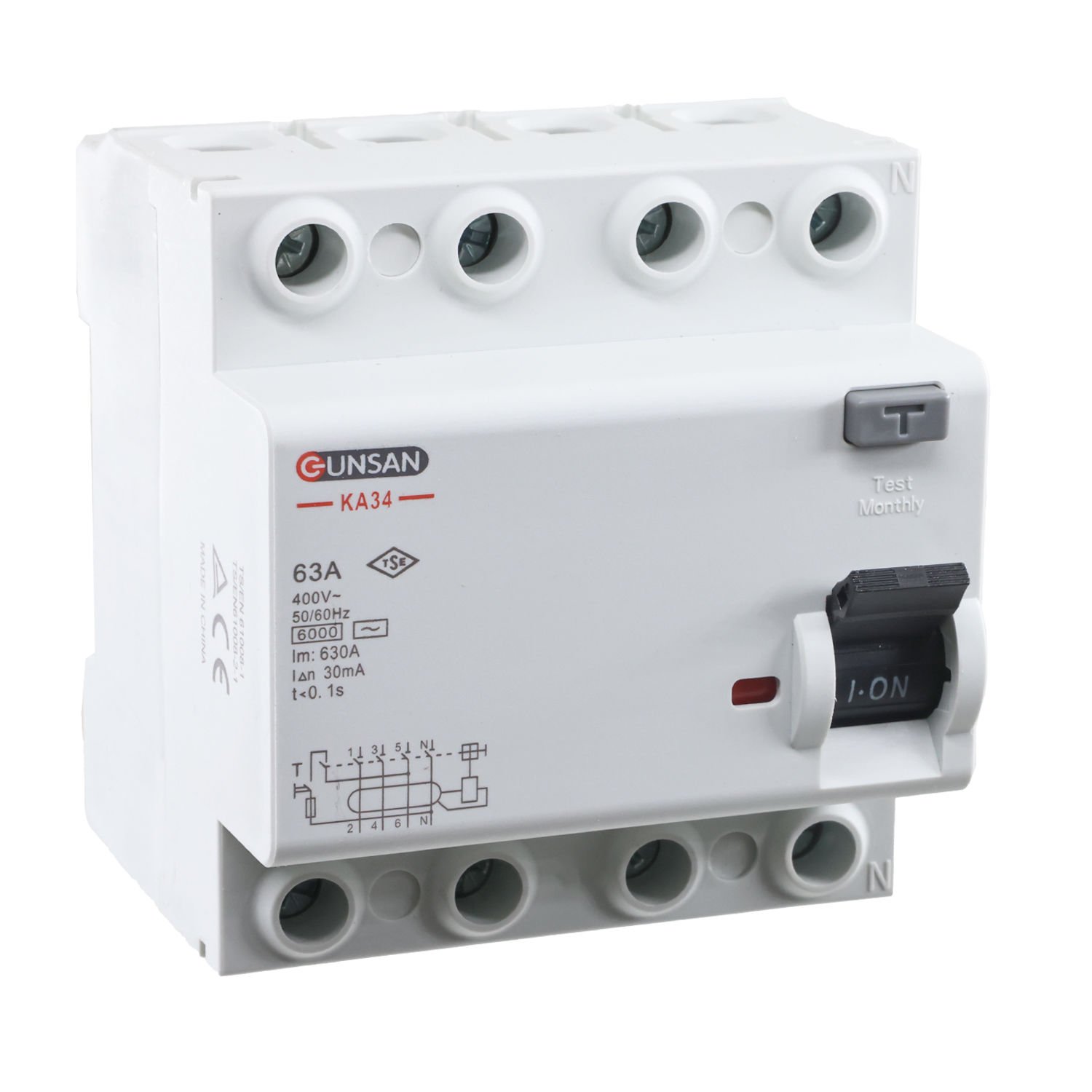 Günsan Valta AC Tip Kaçak Akım Koruma Anahtarı 4P 6kA 30mA 63A Dört Kutuplu