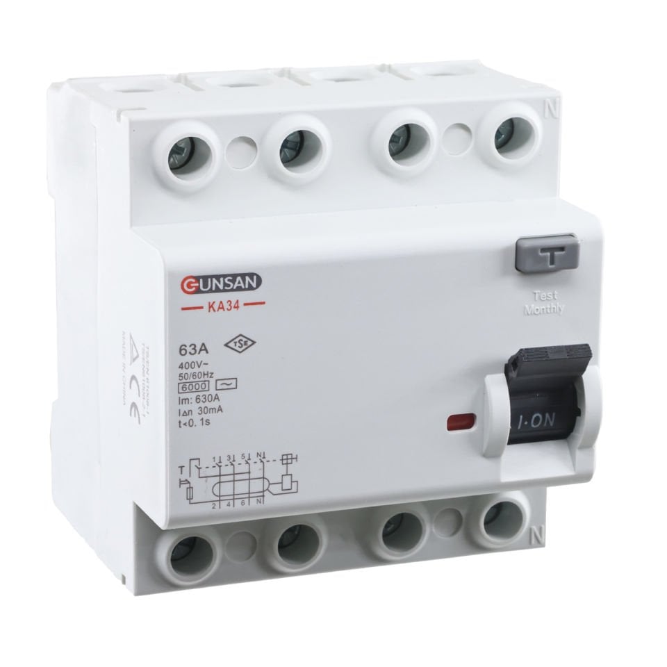 Günsan Valta AC Tip Kaçak Akım Koruma Anahtarı 4P 6kA 30mA 63A Dört Kutuplu