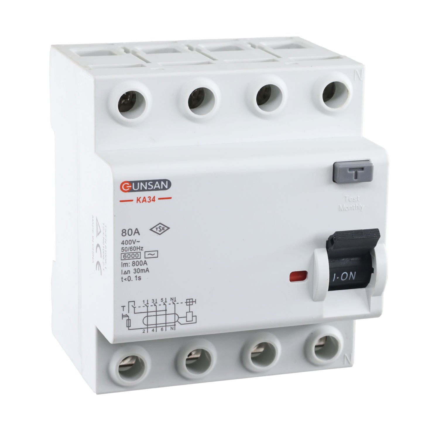 Günsan Valta  AC Tip Kaçak Akım Koruma Anahtarı 4P 6kA 30mA 80A Dört Kutuplu