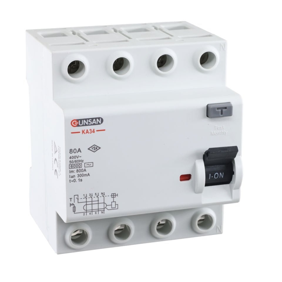 Günsan Valta AC Tip Kaçak Akım Koruma Anahtarı 4P 6kA 300mA 80A Dört Kutuplu